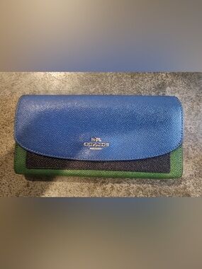Coach Tri-Panel Leather Wallet in Blue, Black & Green